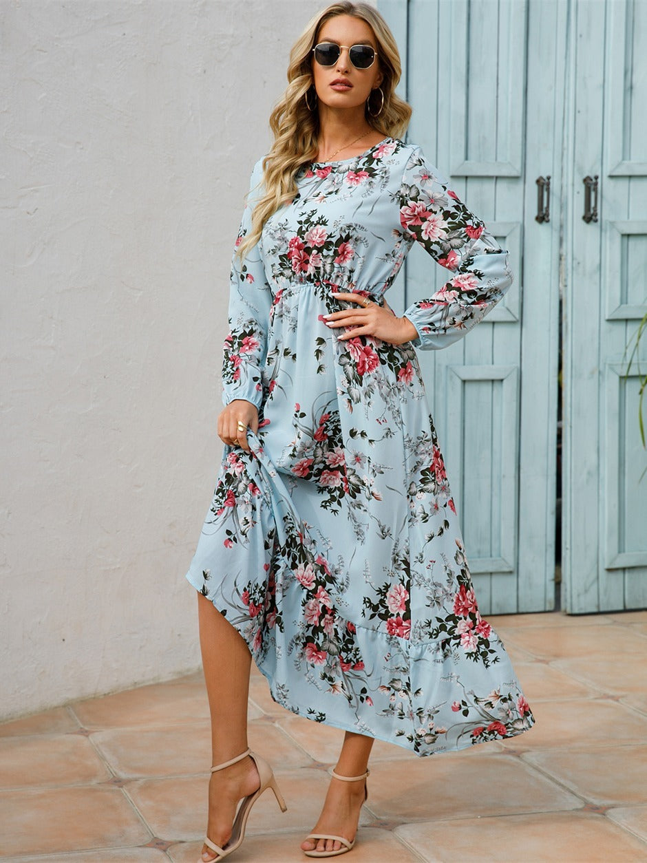 Floral Maxi Dress Long Sleeve Loose Crew Neck Casual Dress