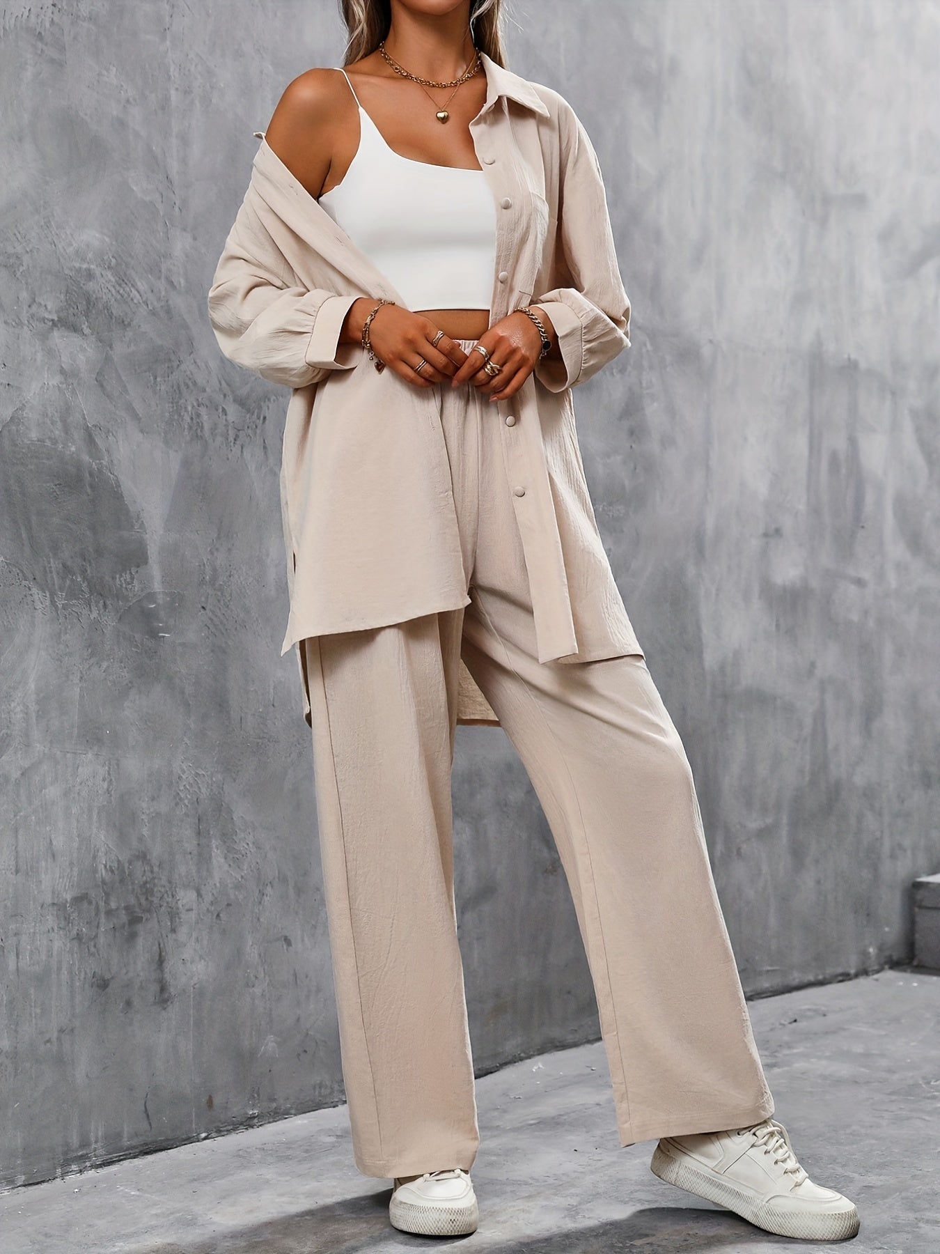 2-Piece Solid Button Up Blouse & Wide Leg Pants Set
