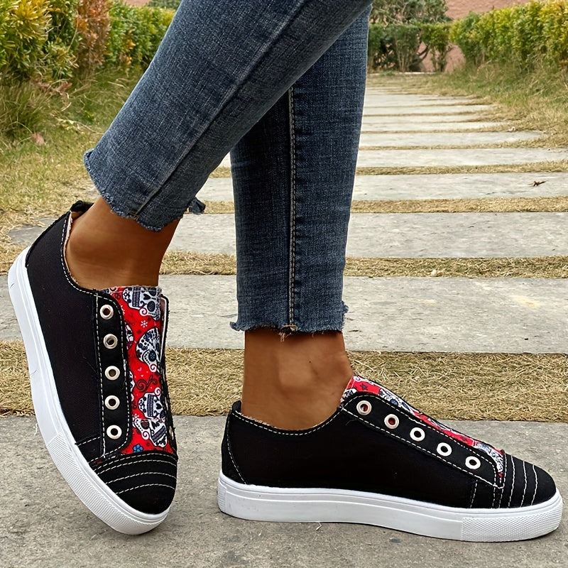 Halloween Skull Pattern Slip On Skate Shoes Lightweight Canvas Sneakers