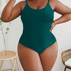 Sexy Swimsuit Women's Solid Round Neck Tummy Control One Piece