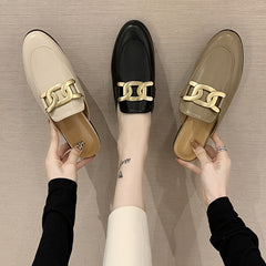 Metal Decor Flat Mules Closed Toe Slip-On Shoes for Women