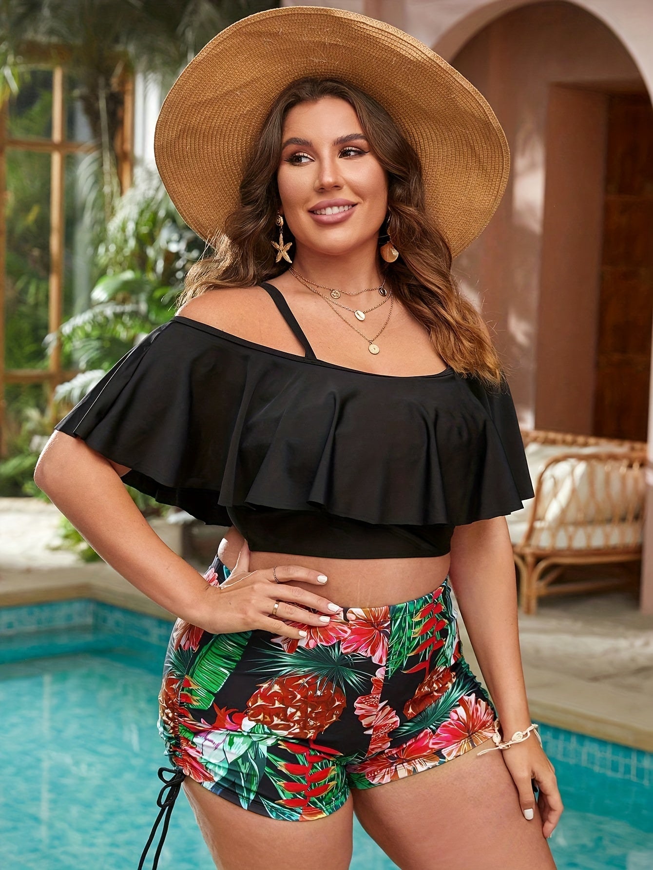 Vacay Tankini Set Women's Plus Solid Cold Shoulder Ruffle