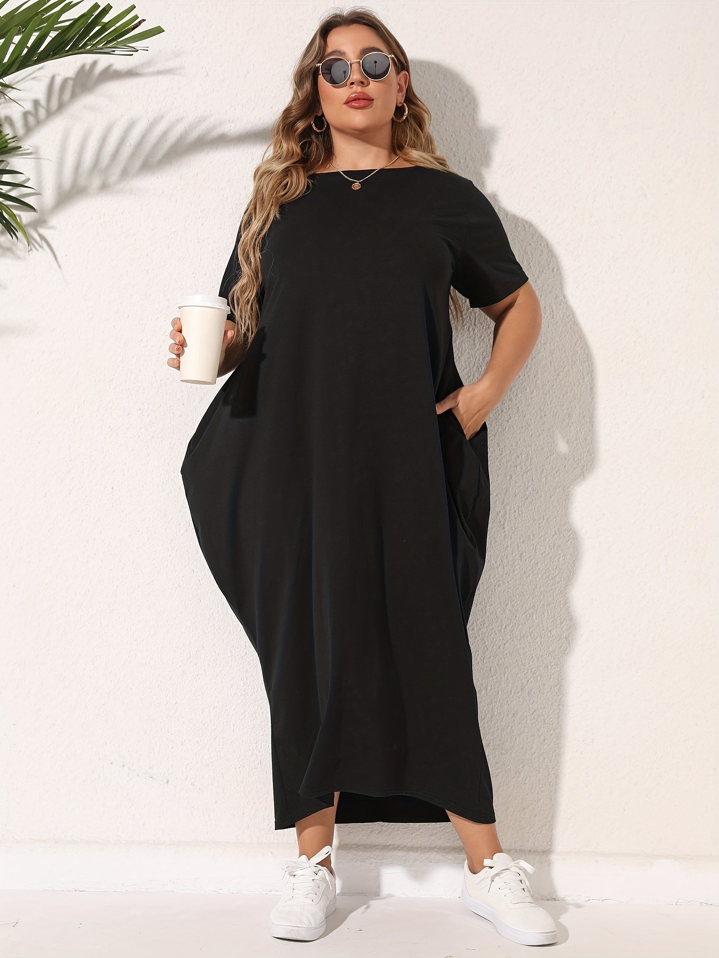 Solid Short Sleeve Maxi Dress With Pockets