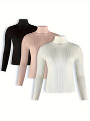 3 Pack Plus Size Ribbed Sweater Set High Neck Jumper