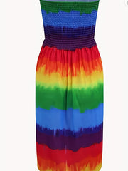 Rainbow Stripe Print Tube Dress Off Shoulder Shirred Dress