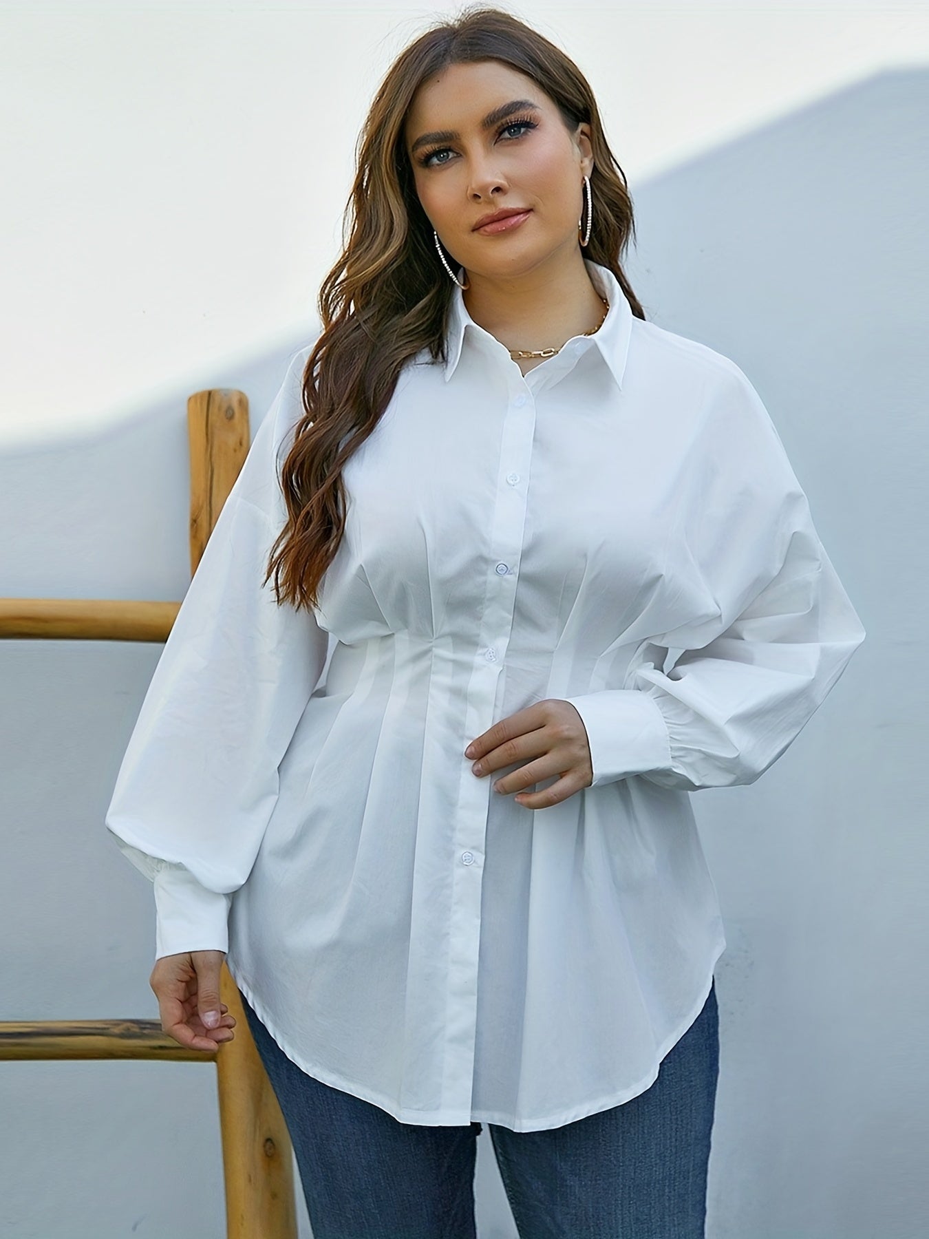 Button Up Tunic Blouse Slim Fit Long Sleeve Casual Shirt