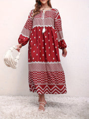 Boho Dress Women's Lantern Sleeve Keyhole Tie Dress