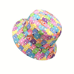 Versatile Bear Printed Sunshade Bucket Hat Double Sided Sun Hat for Men Women