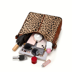 Leopard Print Tote Bag Large Capacity Shoulder Bag Zipper Portable Handle