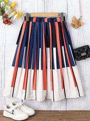 Girls Pleated Piano Striped Print Skirt Elastic Waist Preppy Style