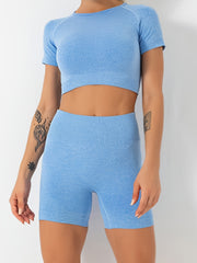 2pcs Seamless Workout Sets Crop Top & Biker Shorts Women's Activewear