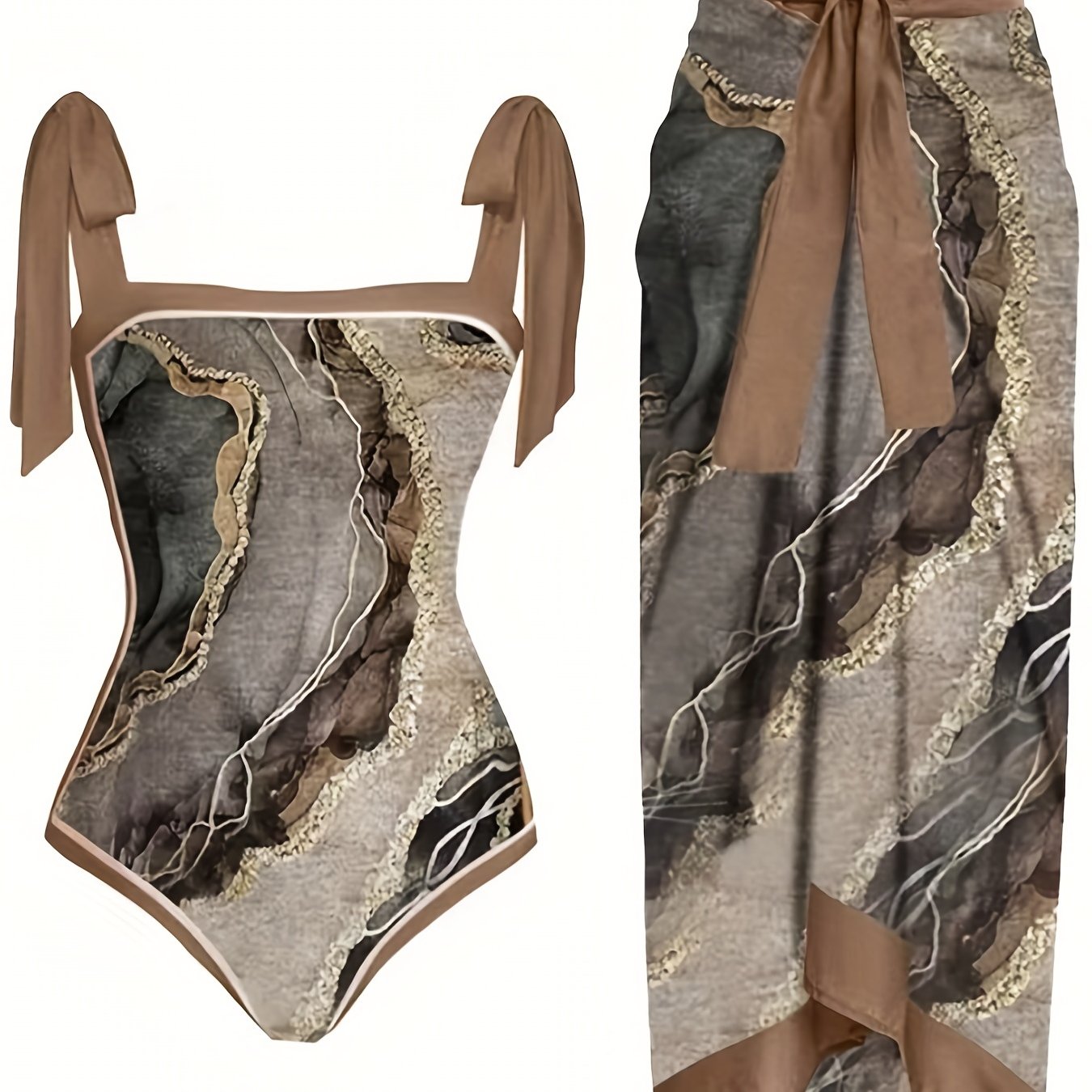 Brown Marble Print Swimsuit Set with Cover Up Skirt