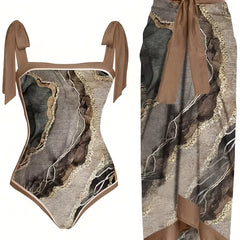 Brown Marble Print Swimsuit Set with Cover Up Skirt