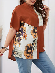 Colorblock Floral Print Button Up Blouse