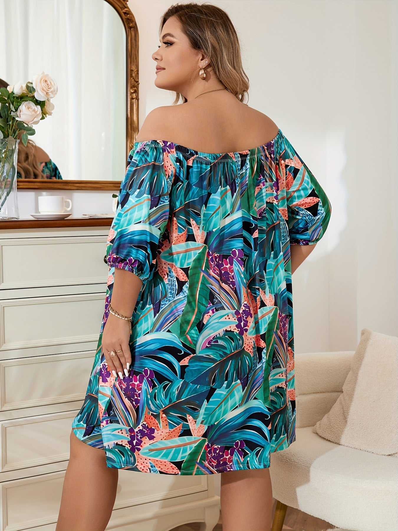 Plus Size Boho Lounge Dress Women's Plus Off Shoulder Nightdress