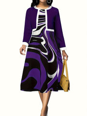 Contrast Trim Long Sleeve Crop Coat & Graphic Print Dress Set