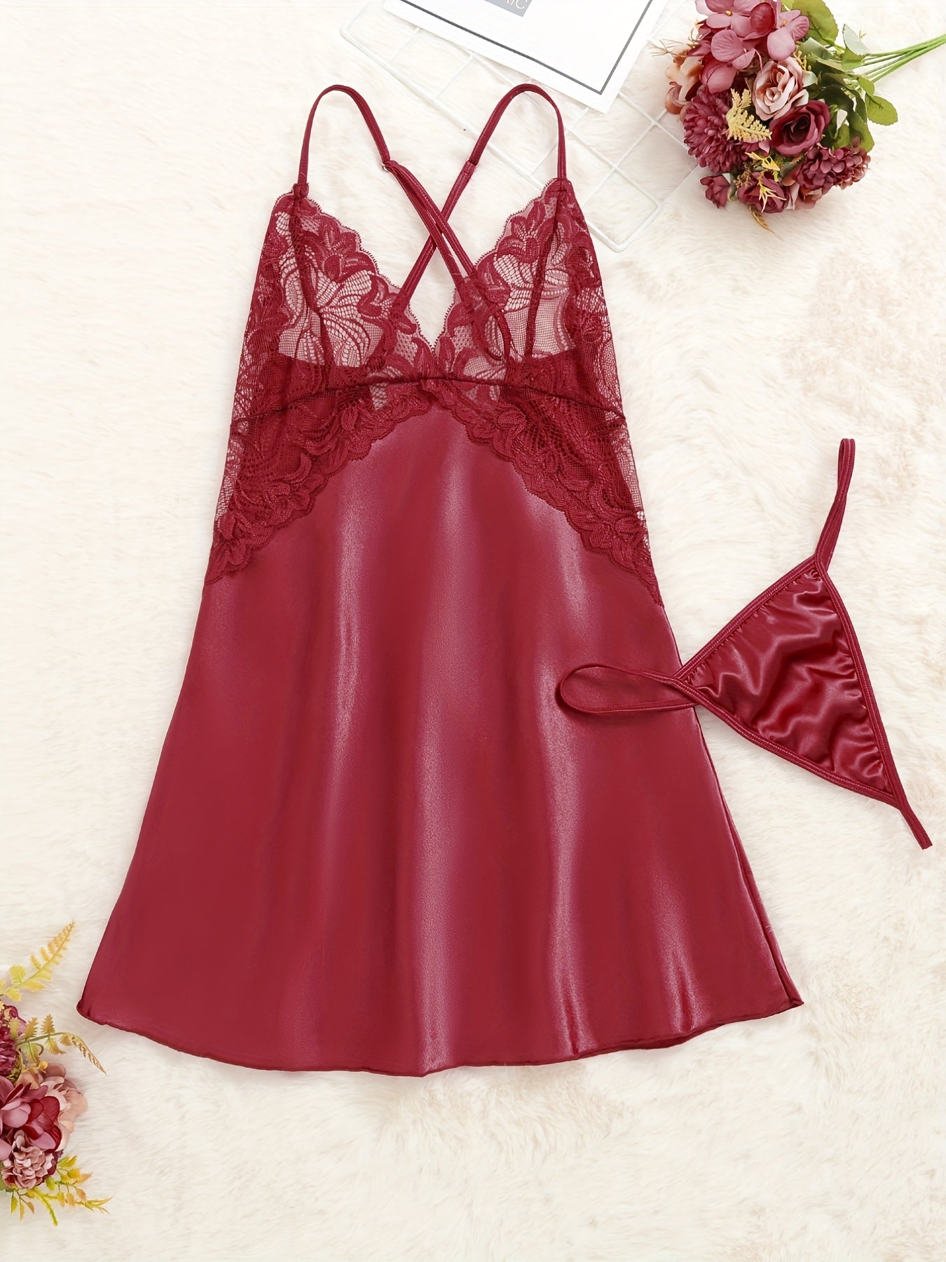 Lace Satin Slip Nightdress V Neck Criss Cross Back Sleep Dress