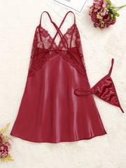 Lace Satin Slip Nightdress V Neck Criss Cross Back Sleep Dress