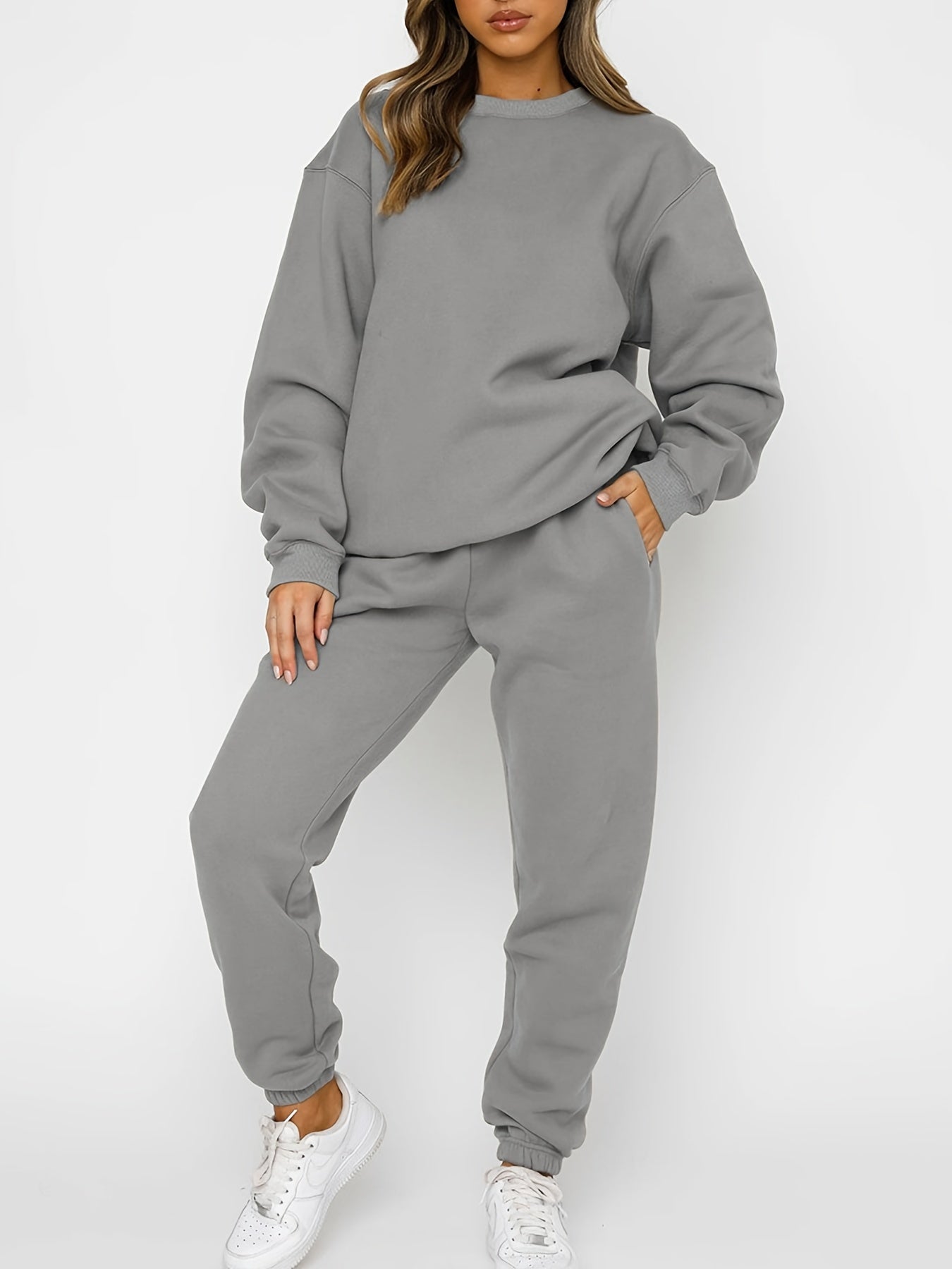 2pcs Solid Suits Crew Neck Sweatshirt & Drawstring High Waist