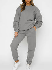2pcs Solid Suits Crew Neck Sweatshirt & Drawstring High Waist