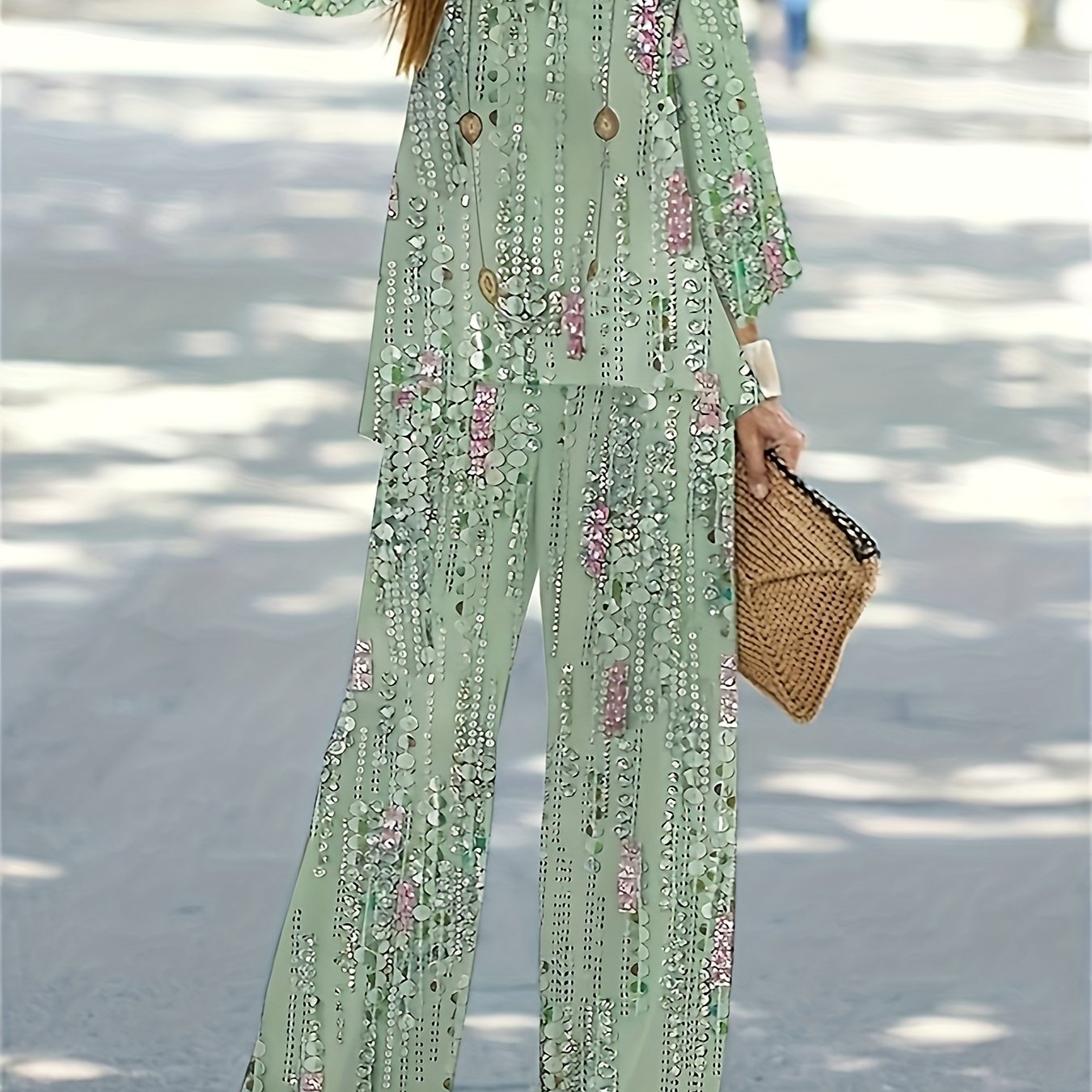 Plus Size Retro Outfits Women's Floral Print Top & Wide Leg Pants Two Piece Set