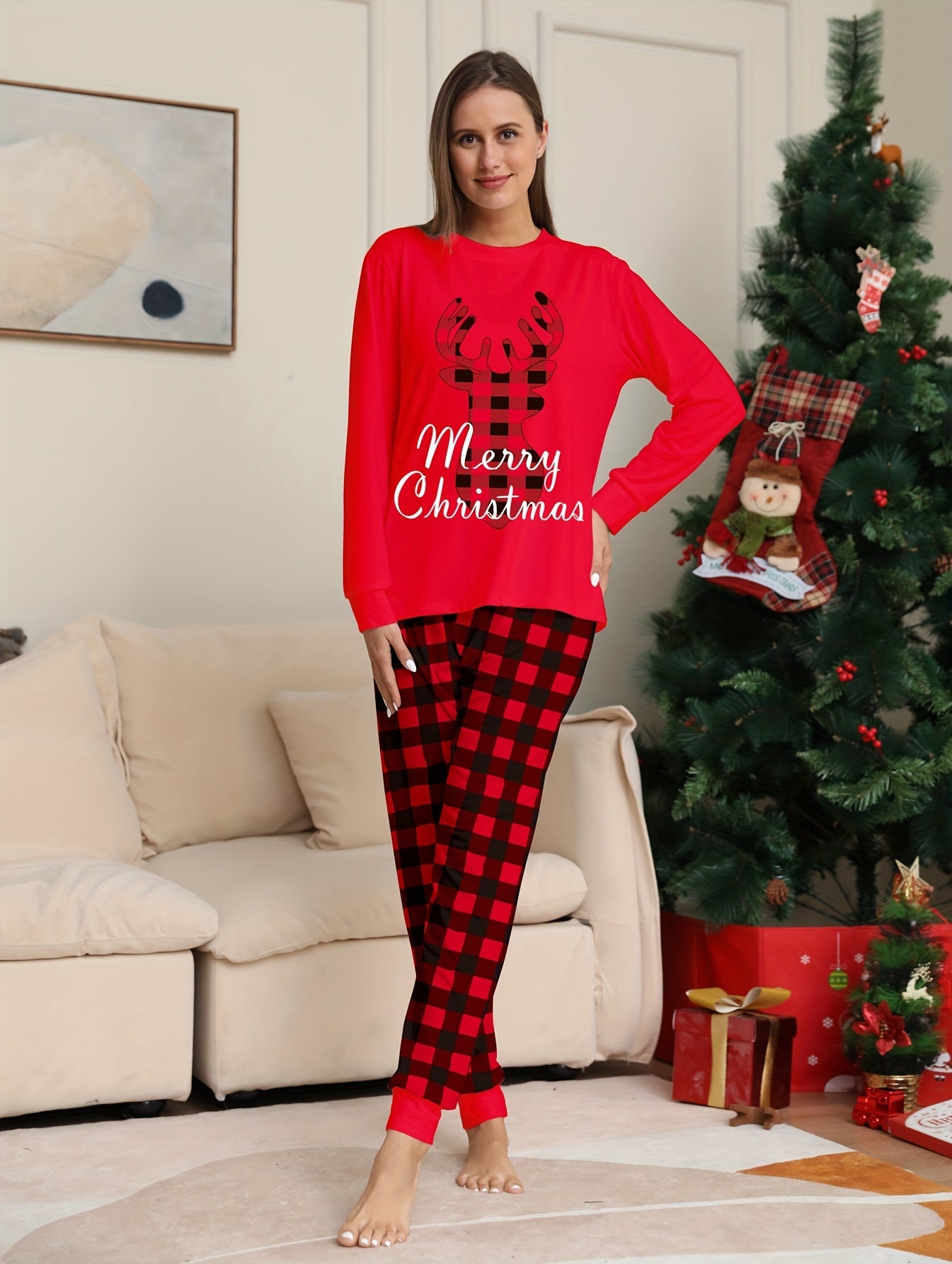 Christmas Elk Print Pajama Set Long Sleeve Top & Plaid Pants