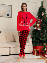 Christmas Elk Print Pajama Set Long Sleeve Top & Plaid Pants
