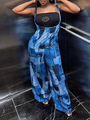 Patchwork Pattern Wide Leg Overall Jumpsuit for Spring & Summer