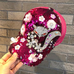 Rhinestone Fox Sequin Baseball Cap Hip Hop Trucker Hat