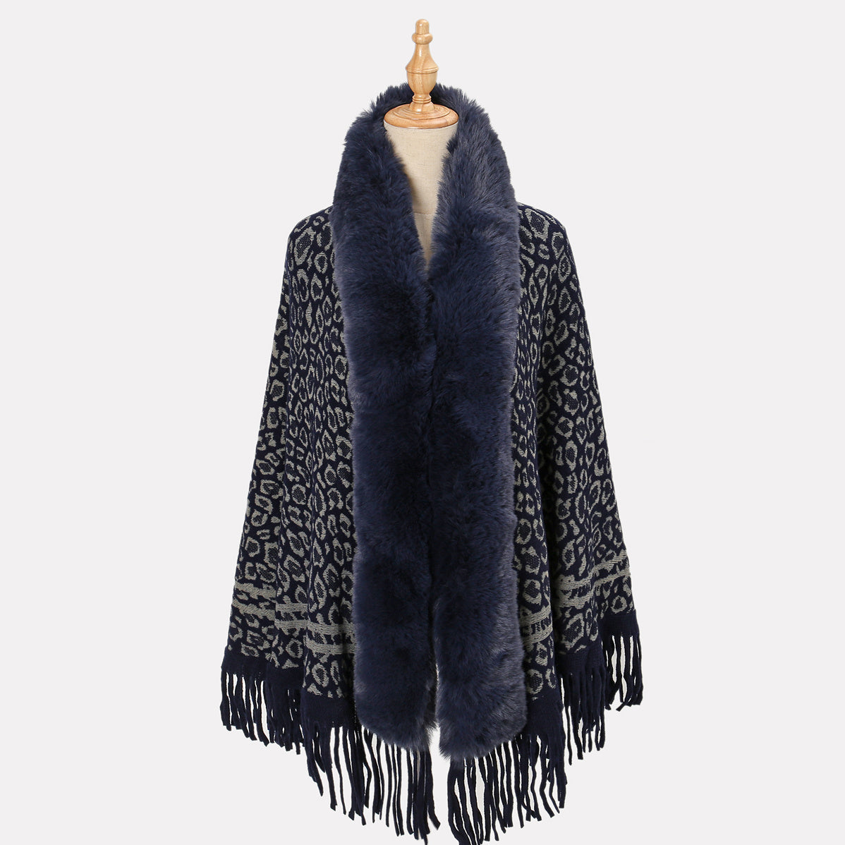 Leopard Print Dark Shawl Blanket Scarf Fur Collar Cashmere Winter Warm Tassel