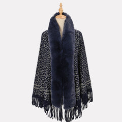Leopard Print Dark Shawl Blanket Scarf Fur Collar Cashmere Winter Warm Tassel