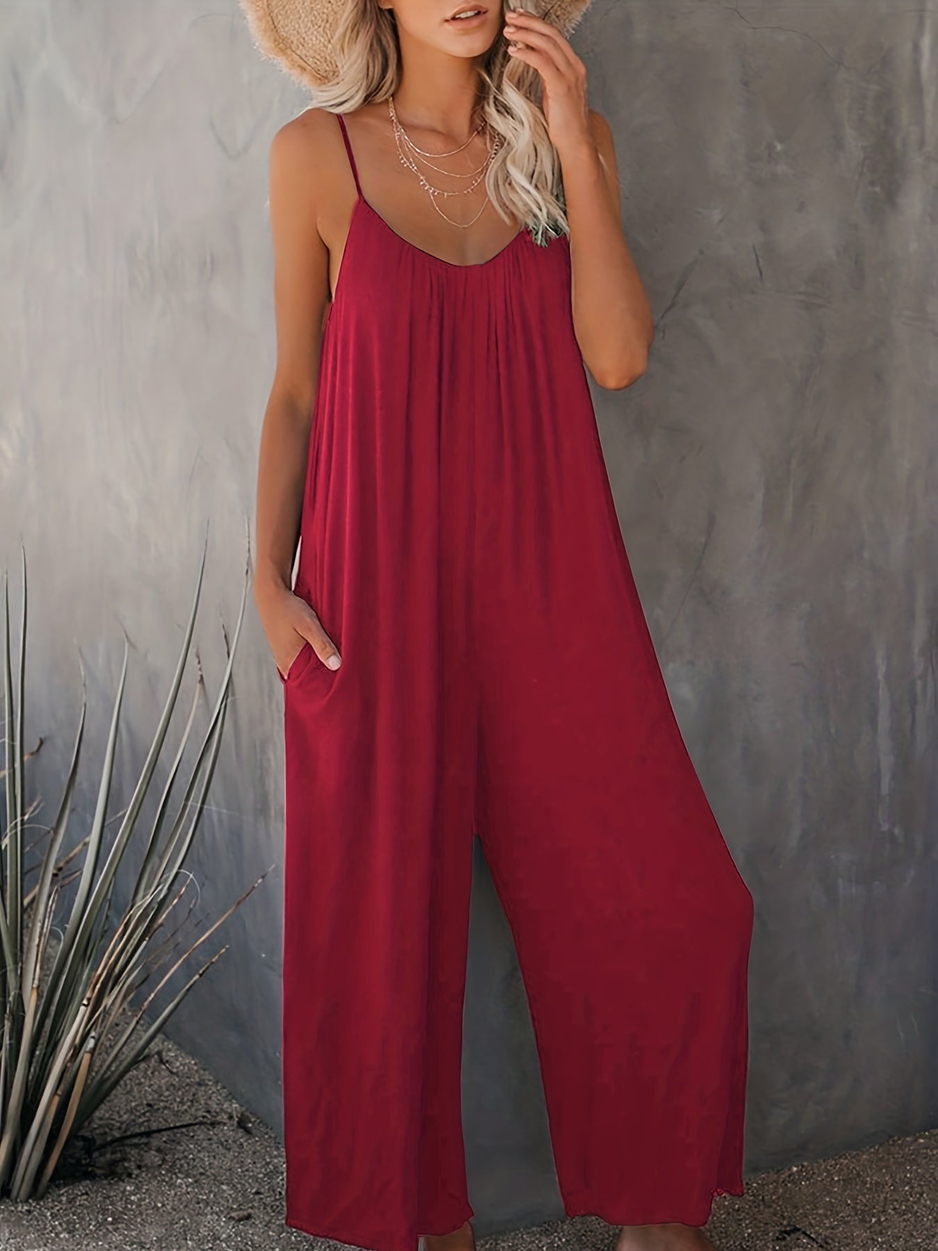 Solid Spaghetti Wide Leg Jumpsuit Casual Backless Sleeveless Jumpsuit