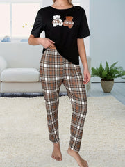 Bear Print Pajama Set Short Sleeve Top & Plaid Pants Women's Sleepwear