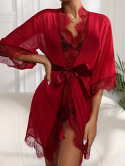 Lace Stitching Mesh Night Robe V Neck Half Sleeve Robe