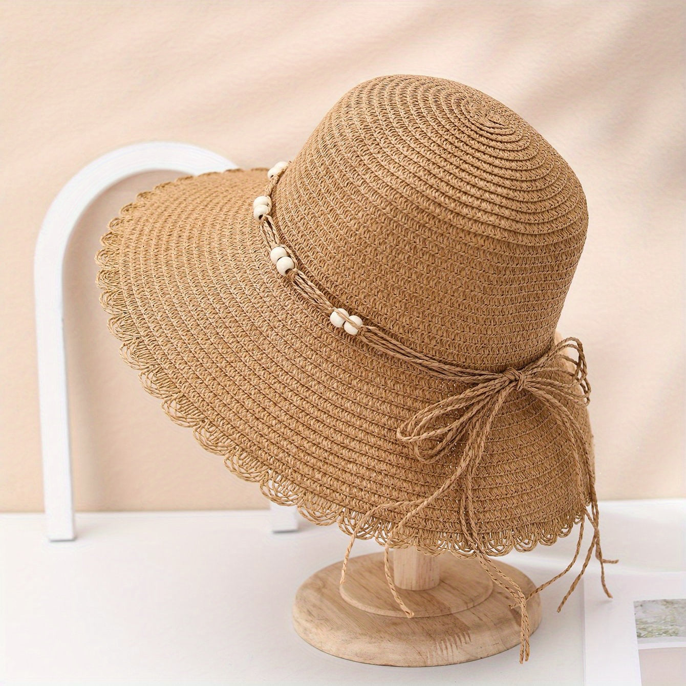 Ruffles Beads Decor Bucket Hat Solid Sun Hat Straw Hat For Women