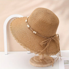 Ruffles Beads Decor Bucket Hat Solid Sun Hat Straw Hat For Women