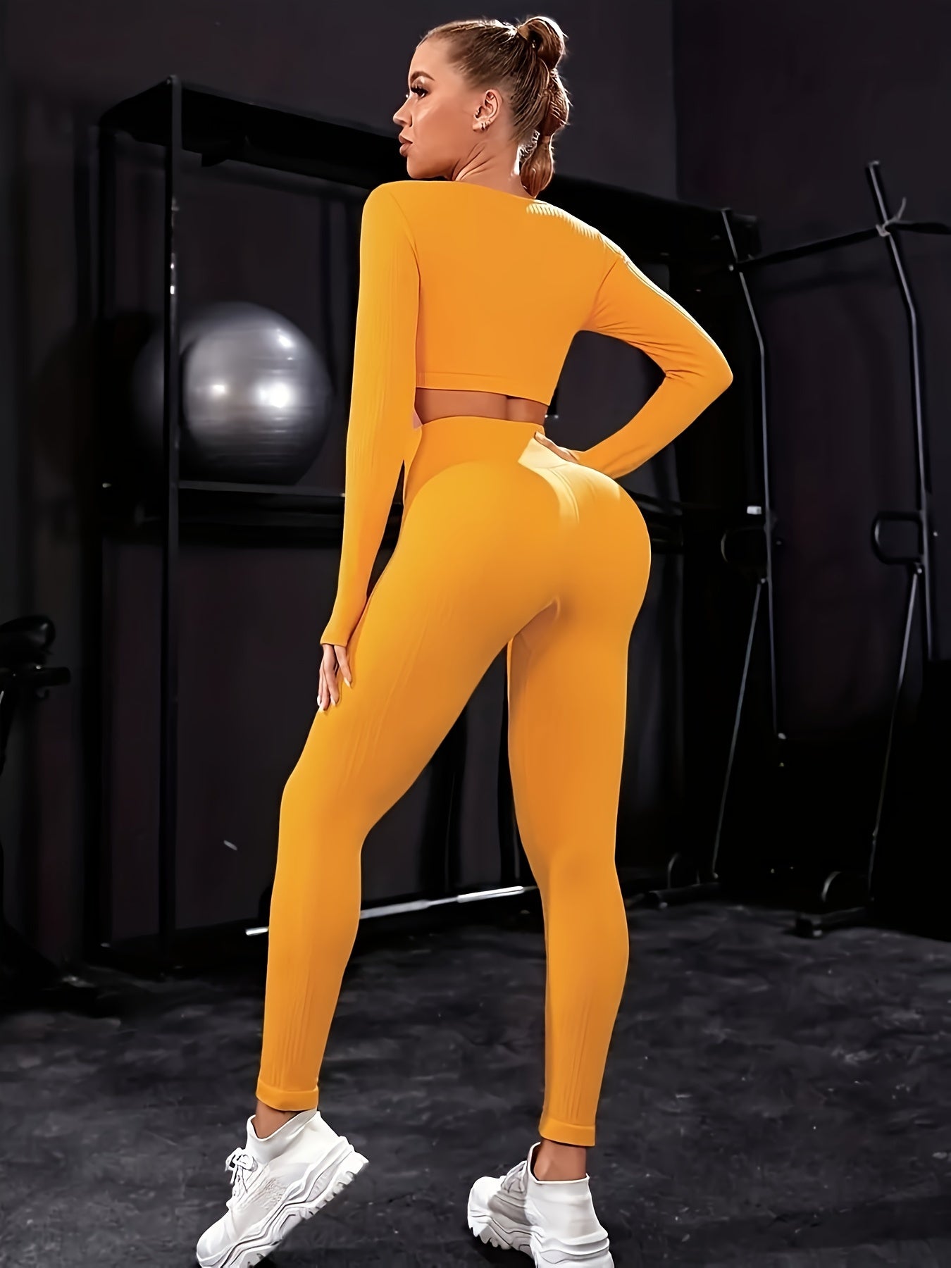 2pc Solid Yoga Set Long Sleeve Top High Waist Leggings Activewear