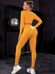 2pc Solid Yoga Set Long Sleeve Top High Waist Leggings Activewear