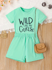 2pcs Girls Casual WILD LIKE MY CURLS Short Sleeve T shirt&Shorts Set