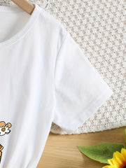 2pcs Toddler Girls Flowers Graphic T Shirts & Paperbag Waist Belted Shorts Set