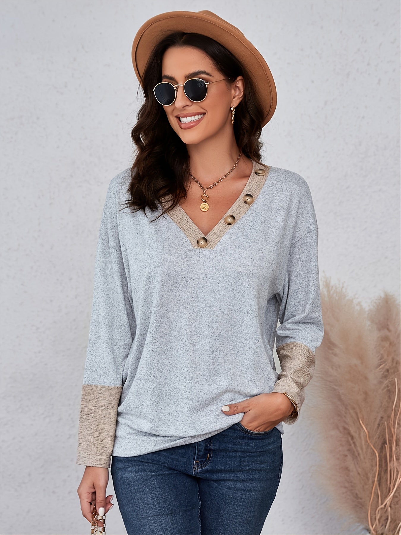 Women's V-Neck Block Sweatshirt Loose Pullover