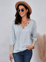 Women's V-Neck Block Sweatshirt Loose Pullover