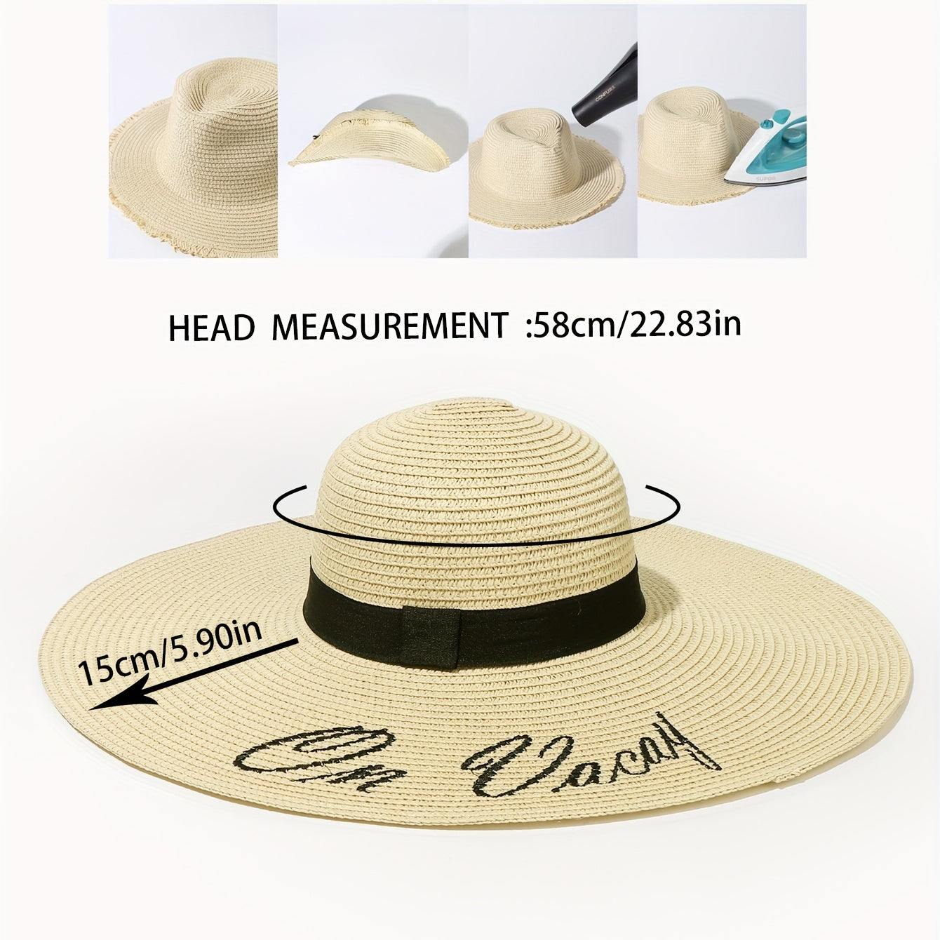 Letter Embroidery Floppy Sun Hat Wide Brim Crochet Straw Hat Beige