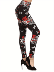 Plus Size Floral & Butterfly Print High Rise Leggings