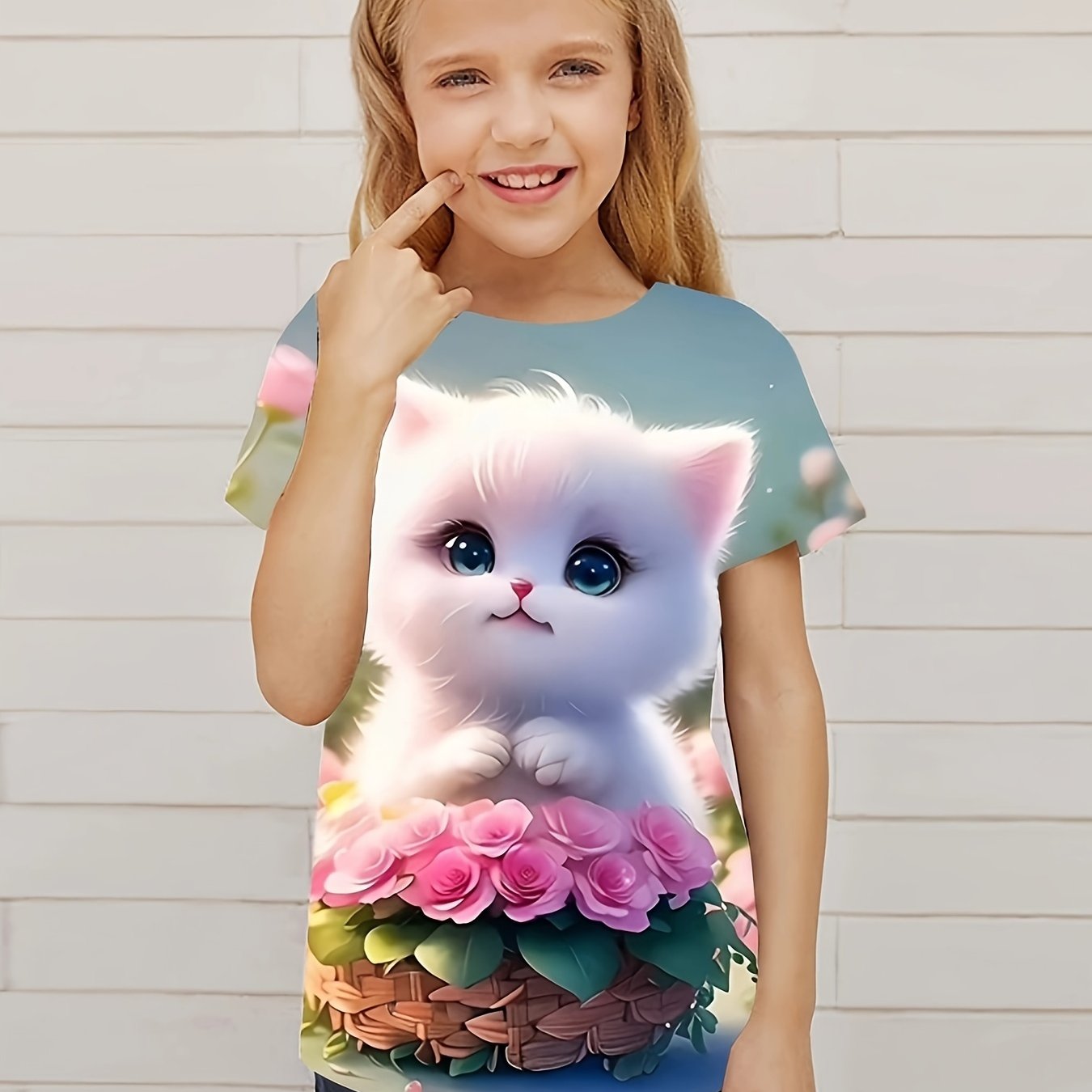 Sweet Flower & Cat Graphic Tee for Girls