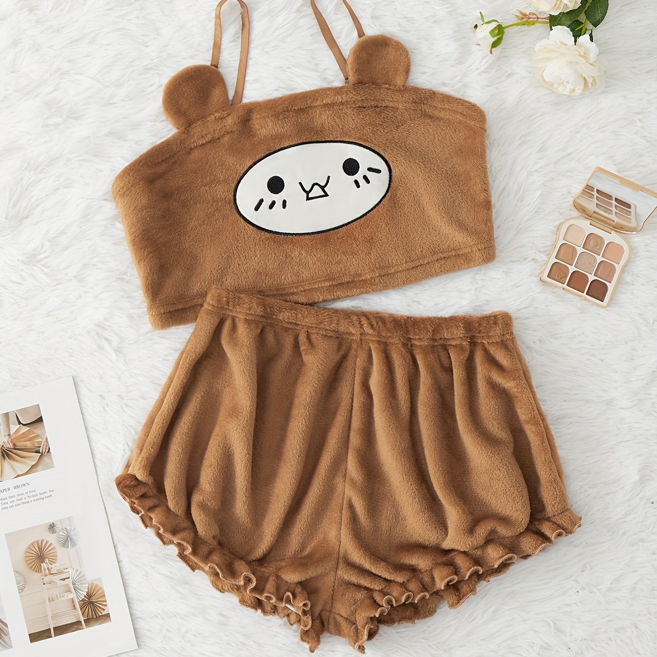 Cartoon Print Pajama Set Flannel Cami Top & Ruffle Shorts