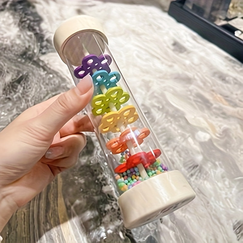 Recycled Wood Rain Sound Tube Toy with Colorful Beads & Alphabet Rings