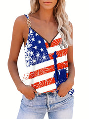 Plus Size Flag Print V Neck Cami Top Medium Stretch Independence Casual