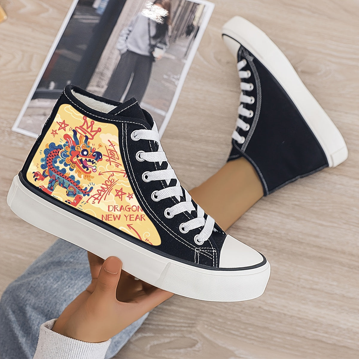 Dragon Print Plush Lined Thermal Chunky Canvas Sneakers