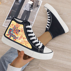 Dragon Print Plush Lined Thermal Chunky Canvas Sneakers